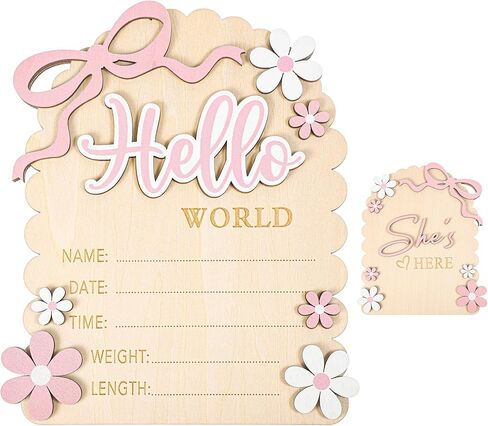 لافتة Hello World لحديثي الولادة، لافتة خشبية مزدوجة الجوانب لإعلان الطفل، إنها هنا، لافتة ترحيب بقوس ديزي، علامات اسم الميلاد للفتيات حديثي الولادة، دعائم صور لحضانة الطفل في المستشفى (وردي أبيض) in Kuwait