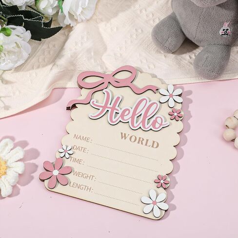 لافتة Hello World لحديثي الولادة، لافتة خشبية مزدوجة الجوانب لإعلان الطفل، إنها هنا، لافتة ترحيب بقوس ديزي، علامات اسم الميلاد للفتيات حديثي الولادة، دعائم صور لحضانة الطفل في المستشفى (وردي أبيض) in Kuwait