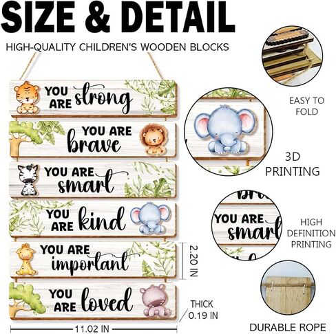 6 Pcs Jungle Animal Room Decor for Boys,Inspirational Wall Art for Kids Room,Positive Quote Wooden Hanging Signs for Kid Nursery Playroom Classroom Decor in Kuwait
