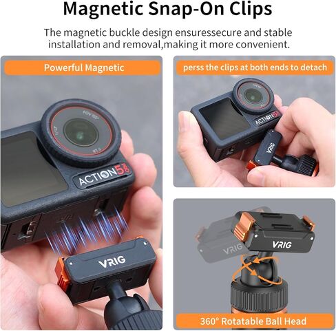 VRIG 40 سم / 15.7 بوصة عصا سيلفي تلسكوبية ثلاثية القوائم لـ DJI Osmo Action 5 Pro/ 4/ Osmo 360، AC-79 Action Camera Vlog Handle Grip مع محول تركيب مغناطيسي سريع التحرير برأس كروي in Kuwait