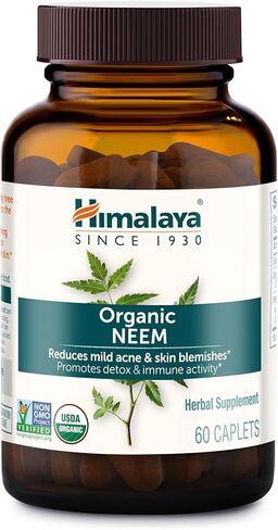 Himalaya Organic Neem Herbal Skin Supplement, Mild Acne Supplement, Clear Skin, Purifying, Ayurvedic, USDA Certified Organic, Non-GMO, Vegan, 600 mg, 60 Plant-Based Caplets, 2 Pack, 120 Day Supply in Saudi Arabia