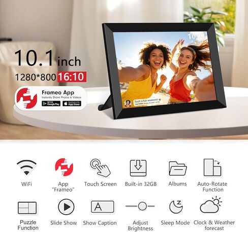 32GB FRAMEO 10.1 Inch Smart WiFi Digital Photo Frame 1280x800 IPS LCD Touch Screen, Auto-Rotate Portrait and Landscape, Built in 32GB Memory, Share Moments Instantly via Frameo App from Anywhere in Kuwait
