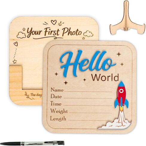 Baby Announcement Sign, Hello World Newborn Sign, 3D Personalized Wooden Announcement Sign for New Baby, Custom Name Photo Prop for Hospital, Nursery Decor for Boy or Girl (Moon) in Saudi Arabia