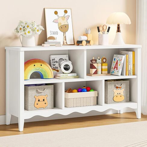 ONBRILL Montessori Shelf, 5 Cube Toy Storage Organizer with Wave Design, Safe Wooden Toy Organizer Cabinet, Kids Bookshelf & Bookcase for Nursery Kids Room Playroom Bedroom Living Room Nursery in Kuwait