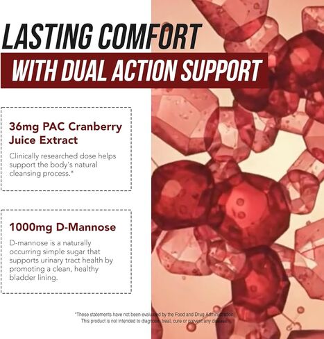 CranEaze®: Cranberry Juice Extract Plus D-Mannose – 36 mg PAC, 100% Soluble PAC - Supports Urinary Tract Health – Most Effective Cranberry Pills for Women, UTI Cranberry Supplement - 60 Capsules in Saudi Arabia