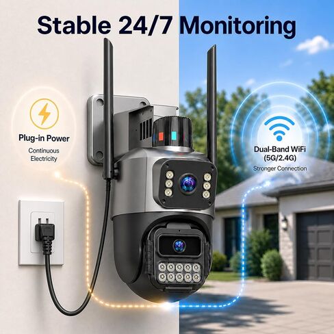 Outdoor Camera, Plug-in Security Camera Outdoor, Dual Lens PTZ 6MP, 6X Digital Zoom, Auto Tracking, Color Night Vision, 5G/2.4G Dual-Band WiFi, 2-Way Audio, IP66 Waterproof in Kuwait