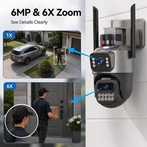 Outdoor Camera, Plug-in Security Camera Outdoor, Dual Lens PTZ 6MP, 6X Digital Zoom, Auto Tracking, Color Night Vision, 5G/2.4G Dual-Band WiFi, 2-Way Audio, IP66 Waterproof in Kuwait