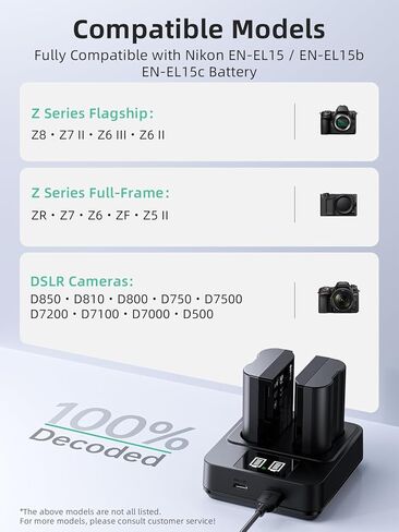 llano 2-Pack EN-EL15C Batteries & 20W Fast Charger Set for Nikon Z8, Zf, Z6III, Z7II, Z6II, D850, D780, D7500, D500 Cameras – Real Capacity Rechargeable Battery Kit in Kuwait