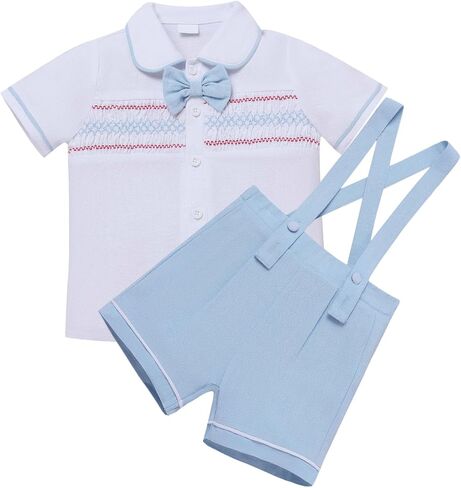 IBTOM CASTLE Baby Boy Outfits Formal Suit Set Toddler Gentleman white Shirt +Shorts+Bowtie+Suspender for Wedding Party 12M-5T in Saudi Arabia