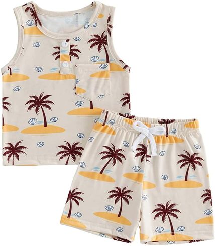 Toddler Baby Boy Summer Clothes Beach Outfit Pattern Print Sleeveless Shirt Tank Top And Elastic Waist Shorts Set in Kuwait