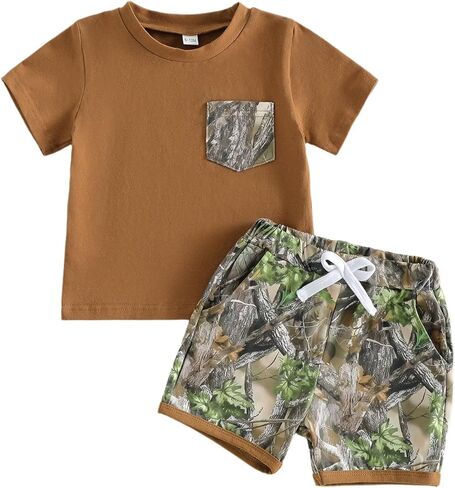 Toddler Baby Boy Hunting Clothes Pocket Short Sleeve T-Shirt Camo Shorts Pants Set Summer Outfits in Kuwait