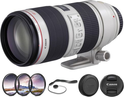 Canon EF 70-200mm f/2.8L هي حزمة عدسات II USM | تكبير تليفوتوغرافي من السلسلة L مع فتحة f/2.8 ثابتة، وضبط بصري، وتركيز تلقائي USM سريع من النوع الدائري | للرياضة والفعاليات (2751B002) + مجموعة الفلاتر + المزيد in Kuwait
