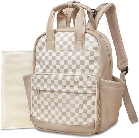 miss fong Small Diaper Bag - Baby Diaper Bag Backpack Checkered Diaper Bag with Changing Pad for Travel Daycare Mommy Diaper Backpack for Mom & Dad -Coffee in Kuwait