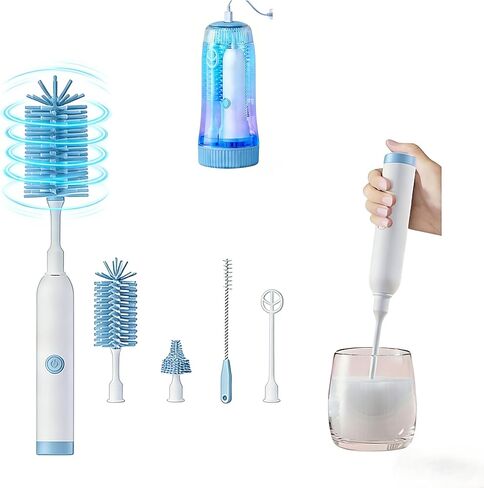 Portable Electric Silicone Bottle Brush Set, 7-in-1 UV LIGHT USB Charging, Nipple/Straw Cleaner, Milk Mixer, Built-in Drying Rack & Storage Case, BPA-Free, IPX7, On-the-Go for New Parents (Blush) in Kuwait