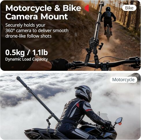 مجموعة تثبيت الدراجة النارية الصغيرة لكاميرا Insta360 X5/X4/X3 360، لـ DJI OSMO 360/Action 6/5 Pro، لـ GoPro، عصا سيلفي غير مرئية لمقود الدراجة مع رؤوس كروية مزدوجة، محول - 5459B in Kuwait