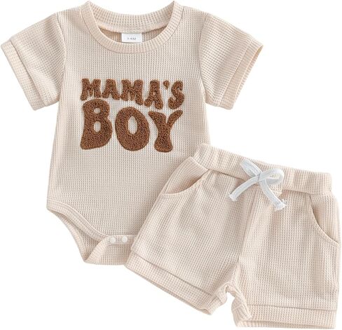 Newborn Baby Boy Girl Summer Outfits Mama's Boy Daddy's Girl Letter Embroidered Romper Waffle Shorts Set 2Pcs 0-9 M in Saudi Arabia