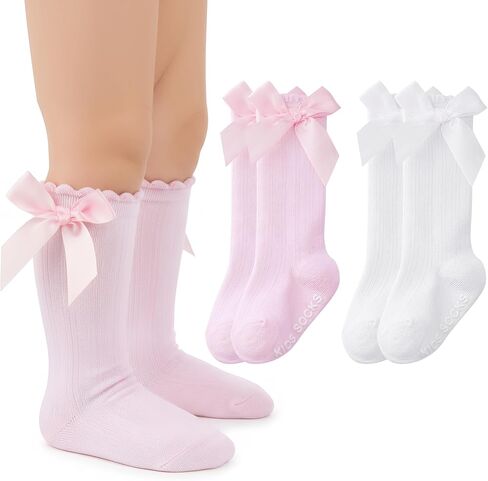 Topbuti 2 Pairs Baby Girls Knee High Socks Non Slip Toddler Girl Long Cotton Tube Stockings Bow Ruffles Infant Dress Socks in Kuwait