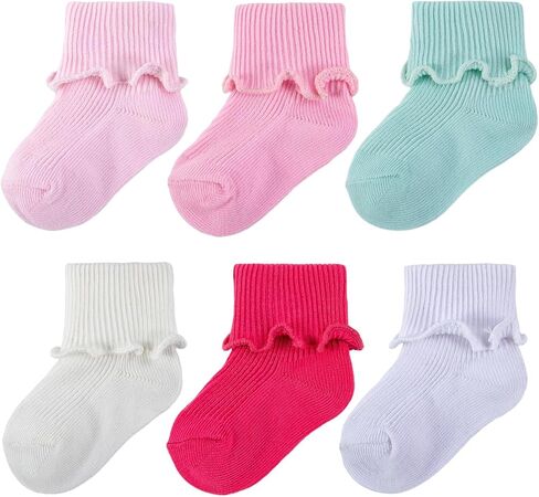 6 Pairs Baby Girls Ruffle Socks, Turn Cuff Cotton Infant Ankle Dress Socks for Newborn Toddler Kids in Saudi Arabia