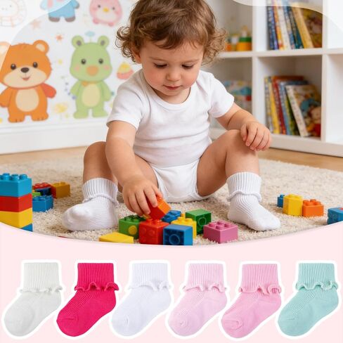 6 Pairs Baby Girls Ruffle Socks, Turn Cuff Cotton Infant Ankle Dress Socks for Newborn Toddler Kids in Saudi Arabia