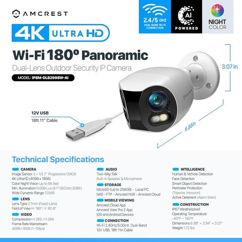 كاميرا Amcrest ثنائية العدسات 4K (8 ميجابكسل) للأمن الخارجي واي فاي، عدسات 2 × 4 ميجابكسل واي فاي كاميرا IP رصاصة AI، نطاق مزدوج 2.4 جيجا هرتز و5 جيجا هرتز، كشف الوجه، رؤية بانورامية 180 درجة، 4K@15 إطارًا في الثانية in Kuwait