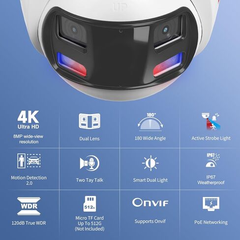 كاميرا Anpviz 4k 8MP سلكية بعدسة مزدوجة PoE IP، كاميرا أمان بانورامية 180 درجة في الهواء الطلق مع ضوء أحمر وأزرق ستروب وإنذار صوتي، ضوء مزدوج ذكي، اكتشاف الإنسان/المركبة، صوت ثنائي الاتجاه، IP67 (سلسلة H) in Kuwait