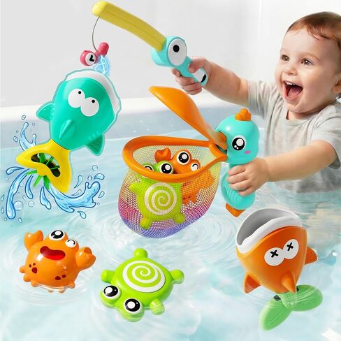 iPlay, iLearn Baby Fishing Bath Toy, Toddler Bathtub Magnetic Fishing Game W/Pole Net Fish Water Squirt Animal, Kid Shower Bathtime for Pool Play, Birthday Gift 6 12 18 Month 1 2 3 Year Old Boys Girls in Kuwait