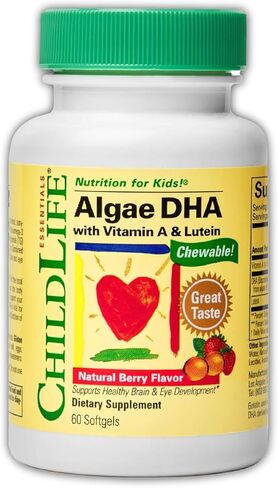 CHILDLIFE ESSENTIALS Algae DHA with Vitamin A & Lutein - Algae DHA Omega 3 Supplement, Chewable DHA for Kids, Supports Healthy Brain & Eye Development - Natural Berry Flavor, 60 Softgels in Saudi Arabia