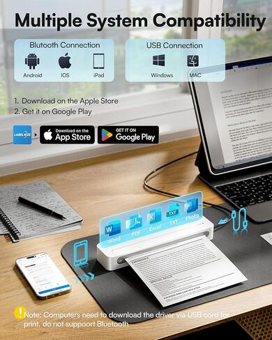 D90E Portable Printer Wireless for Travel, Bluetooth & USB Inkless Printer Supports 8.5 x 11 Inch Thermal Paper, Compatible with Phone Laptop for Home Use Car Office School, Snowy in Kuwait