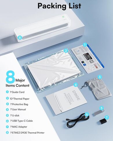 D90E Portable Printer Wireless for Travel, Bluetooth & USB Inkless Printer Supports 8.5 x 11 Inch Thermal Paper, Compatible with Phone Laptop for Home Use Car Office School, Snowy in Kuwait