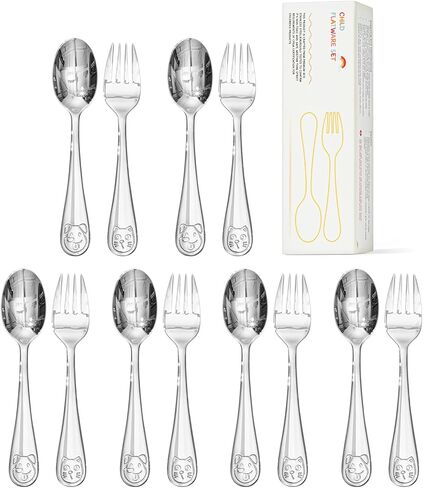 KINGSTONE Toddler Utensils Set, 12-Piece Small Forks & Spoons, 18/10 Stainless Steel, Ergonomic Self-Feeding Children’s Flatware for Home & Preschool, Honey Bear Print in Saudi Arabia