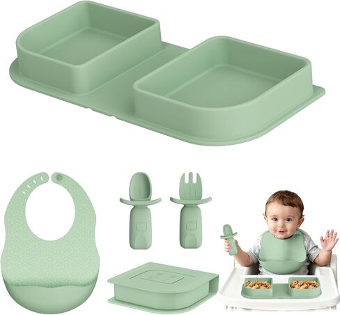 Green Foldable Silicone Baby Feeding Set, Portable Travel Baby Feeding Essentials Including Toddler Plates, Silicone Baby Spoon&Fork, Adjustable Foldable Bib, Portable Infant Toddler Utensils in Saudi Arabia