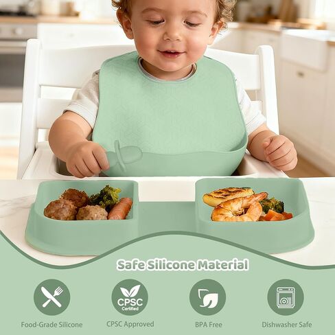 Green Foldable Silicone Baby Feeding Set, Portable Travel Baby Feeding Essentials Including Toddler Plates, Silicone Baby Spoon&Fork, Adjustable Foldable Bib, Portable Infant Toddler Utensils in Saudi Arabia
