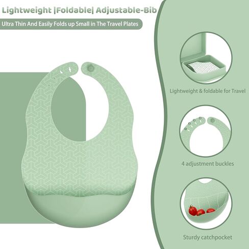 Green Foldable Silicone Baby Feeding Set, Portable Travel Baby Feeding Essentials Including Toddler Plates, Silicone Baby Spoon&Fork, Adjustable Foldable Bib, Portable Infant Toddler Utensils in Saudi Arabia