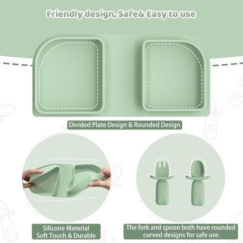 Green Foldable Silicone Baby Feeding Set, Portable Travel Baby Feeding Essentials Including Toddler Plates, Silicone Baby Spoon&Fork, Adjustable Foldable Bib, Portable Infant Toddler Utensils in Saudi Arabia