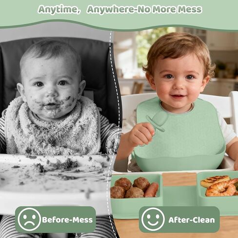 Green Foldable Silicone Baby Feeding Set, Portable Travel Baby Feeding Essentials Including Toddler Plates, Silicone Baby Spoon&Fork, Adjustable Foldable Bib, Portable Infant Toddler Utensils in Saudi Arabia