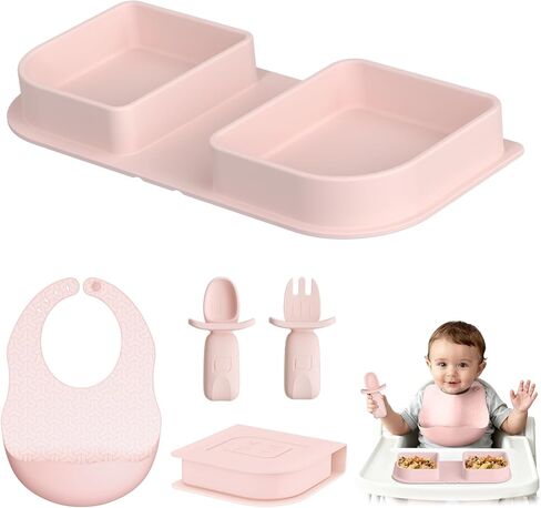 Green Foldable Silicone Baby Feeding Set, Portable Travel Baby Feeding Essentials Including Toddler Plates, Silicone Baby Spoon&Fork, Adjustable Foldable Bib, Portable Infant Toddler Utensils in Saudi Arabia