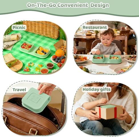 Green Foldable Silicone Baby Feeding Set, Portable Travel Baby Feeding Essentials Including Toddler Plates, Silicone Baby Spoon&Fork, Adjustable Foldable Bib, Portable Infant Toddler Utensils in Saudi Arabia