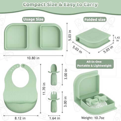 Green Foldable Silicone Baby Feeding Set, Portable Travel Baby Feeding Essentials Including Toddler Plates, Silicone Baby Spoon&Fork, Adjustable Foldable Bib, Portable Infant Toddler Utensils in Saudi Arabia