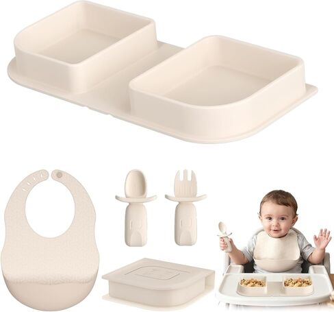 Green Foldable Silicone Baby Feeding Set, Portable Travel Baby Feeding Essentials Including Toddler Plates, Silicone Baby Spoon&Fork, Adjustable Foldable Bib, Portable Infant Toddler Utensils in Saudi Arabia