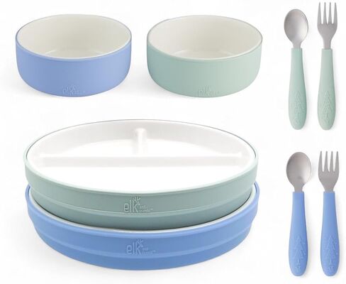 Elk and Friends Kids Porcelain Mealtime Bundle with Suction Sleeves | Plates, Bowls + Toddler Utensils | Silicone Sleeves | For Meals + Snacks | Microwave + Dishwasher Safe in Saudi Arabia