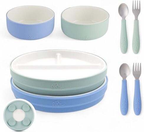 Elk and Friends Kids Porcelain Mealtime Bundle with Suction Sleeves | Plates, Bowls + Toddler Utensils | Silicone Sleeves | For Meals + Snacks | Microwave + Dishwasher Safe in Saudi Arabia