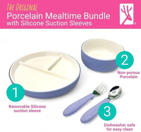 Elk and Friends Kids Porcelain Mealtime Bundle with Suction Sleeves | Plates, Bowls + Toddler Utensils | Silicone Sleeves | For Meals + Snacks | Microwave + Dishwasher Safe in Saudi Arabia