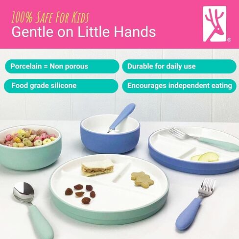 Elk and Friends Kids Porcelain Mealtime Bundle with Suction Sleeves | Plates, Bowls + Toddler Utensils | Silicone Sleeves | For Meals + Snacks | Microwave + Dishwasher Safe in Saudi Arabia