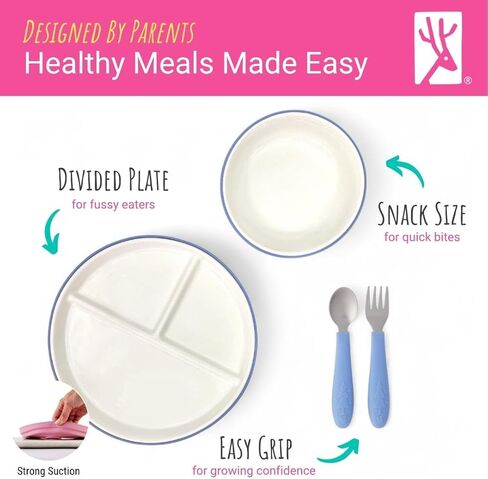 Elk and Friends Kids Porcelain Mealtime Bundle with Suction Sleeves | Plates, Bowls + Toddler Utensils | Silicone Sleeves | For Meals + Snacks | Microwave + Dishwasher Safe in Saudi Arabia