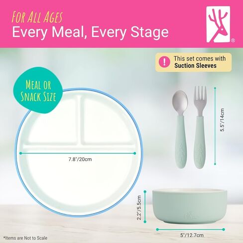 Elk and Friends Kids Porcelain Mealtime Bundle with Suction Sleeves | Plates, Bowls + Toddler Utensils | Silicone Sleeves | For Meals + Snacks | Microwave + Dishwasher Safe in Saudi Arabia