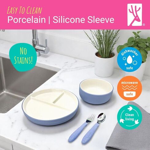 Elk and Friends Kids Porcelain Mealtime Bundle with Suction Sleeves | Plates, Bowls + Toddler Utensils | Silicone Sleeves | For Meals + Snacks | Microwave + Dishwasher Safe in Saudi Arabia