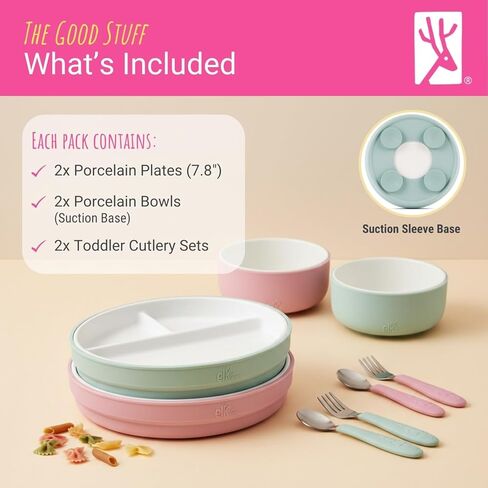 Elk and Friends Kids Porcelain Mealtime Bundle with Suction Sleeves | Plates, Bowls + Toddler Utensils | Silicone Sleeves | For Meals + Snacks | Microwave + Dishwasher Safe in Saudi Arabia