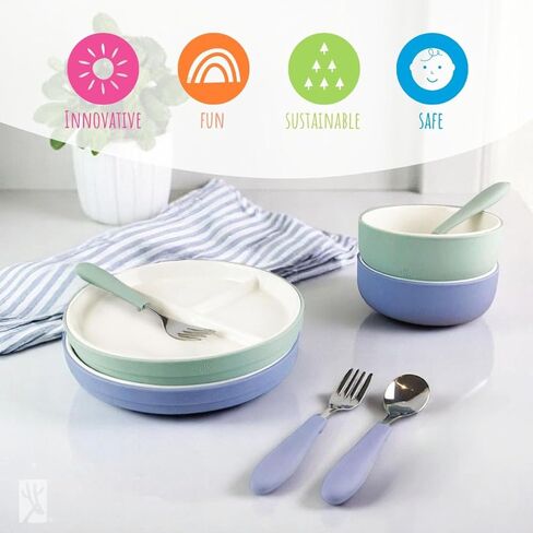 Elk and Friends Kids Porcelain Mealtime Bundle with Suction Sleeves | Plates, Bowls + Toddler Utensils | Silicone Sleeves | For Meals + Snacks | Microwave + Dishwasher Safe in Saudi Arabia