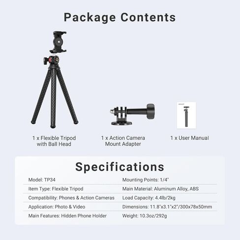 NEEWER Flexible Phone Tripod, Small Mini Camera Webcam Desk Stand, Hidden Cell Phone Holder & Action Camera Mount Adapter Compatible with iPhone GoPro DJI Insta360 for Vlogging Video Recording, TP34 in Kuwait