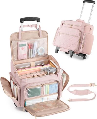 Rolling Teacher Bag with 15.6" Laptop Compartment, Wheeled Work Briefcase Tote with Detachable Trolley for Women, Pink in Saudi Arabia